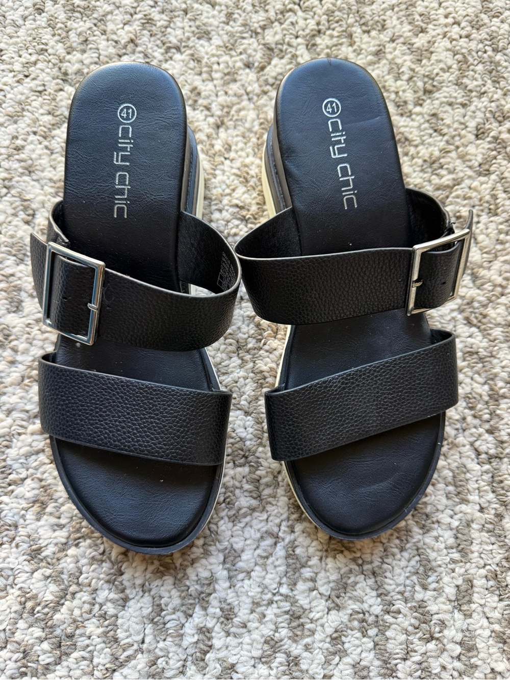 City Chic Black Double-Strap Slide Sandals with Buckle